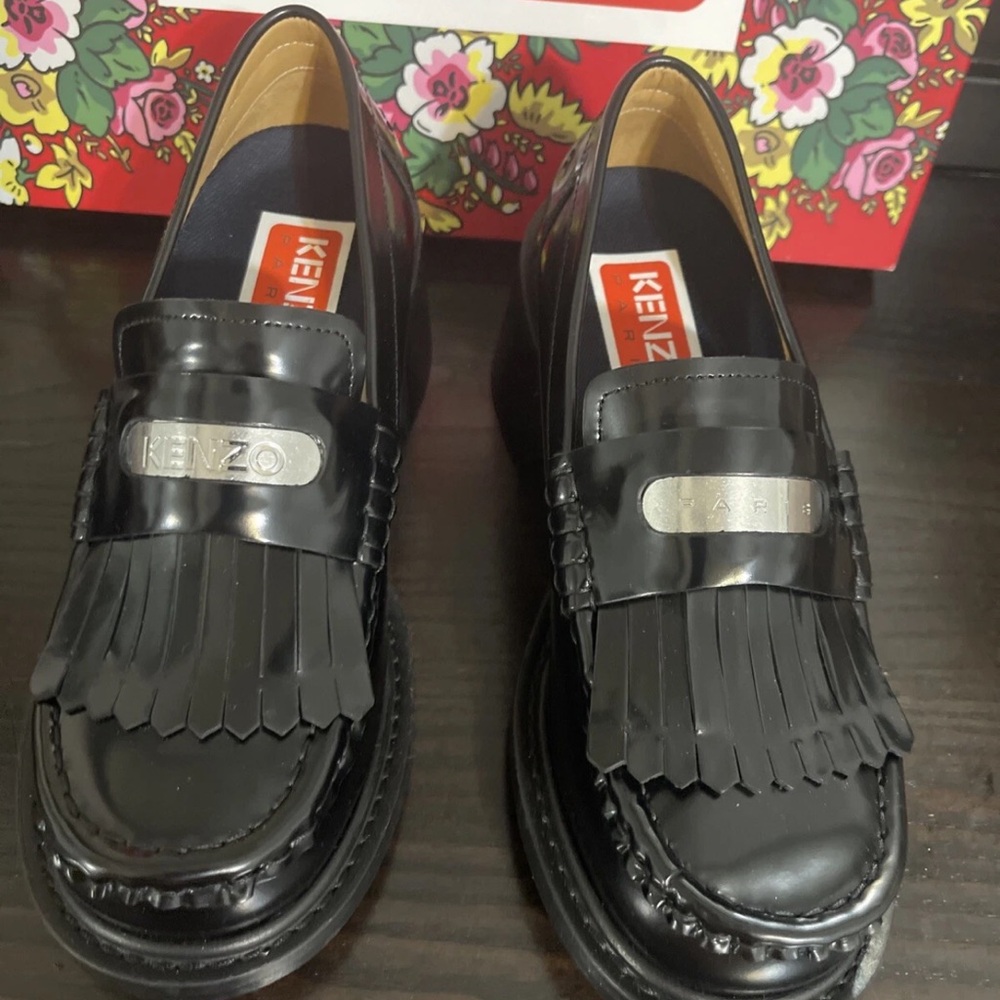Kenzo Glossy Black Loafers with Silver Accent